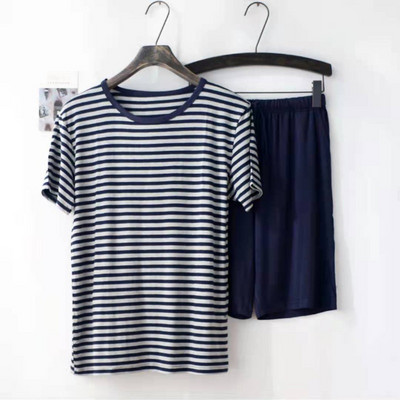 Vīriešu atpūtas apģērbs Vasaras plānas modālas svītras īsām piedurknēm šorti Ērts pidžamu komplekts ar O veida kakla izgriezumu, vienkārša un ērta pidžama 2gab.