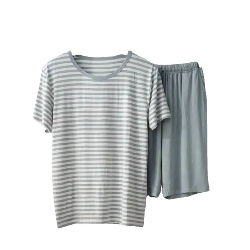 Vīriešu atpūtas apģērbs Vasaras plānas modālas svītras īsām piedurknēm šorti Ērts pidžamu komplekts ar O veida kakla izgriezumu, vienkārša un ērta pidžama 2gab.