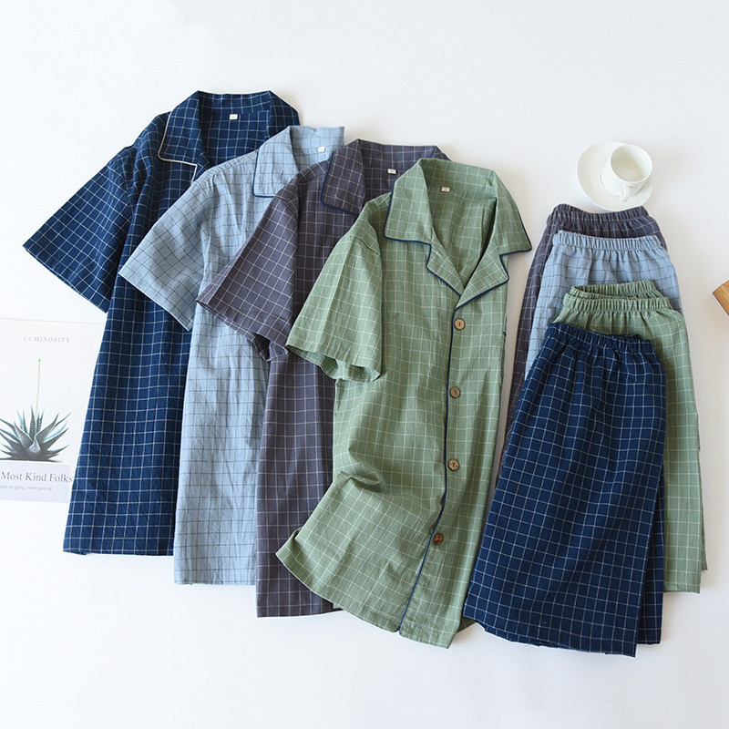 2024. gada vīriešu pidžamas vasaras plāni īsām piedurknēm šorti, mazgāti kokvilna, vienkāršs japāņu rūtains mājas uzvalks Pantalon Pijama Hombre