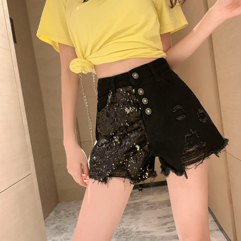 Džinsu šorti Sieviešu fliteļi Vasarā ar augstu vidukli brīvi, vispiemērotākie, plati kāju pušķi Karsti, vienkārši korejiešu stila saplēsti apģērbi S-5XL sievietēm