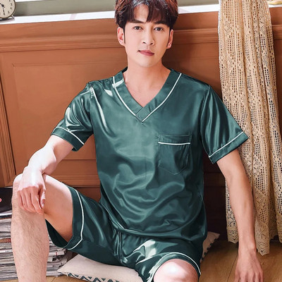 Vīriešu zīda īsās piedurknes pidžamas komplekts ar īsām piedurknēm brīvi pieguļošs plāns vasaras ledus zīds, piemērots pusmūža gados vecākiem cilvēkiem