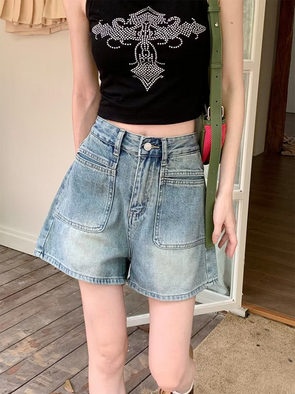 S-5XL Džinsu šorti Sievietēm Vasaras Kabatas Vintage Vispārpiemērots Skolniecei Ērta Mode Atpūta Vienkāršs Augsts viduklis Solid Basic