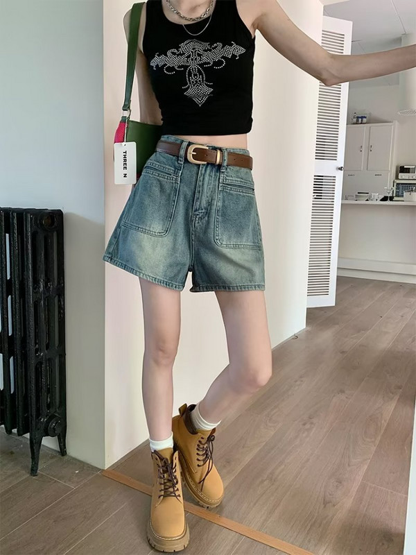 S-5XL Džinsu šorti Sievietēm Vasaras Kabatas Vintage Vispārpiemērots Skolniecei Ērta Mode Atpūta Vienkāršs Augsts viduklis Solid Basic