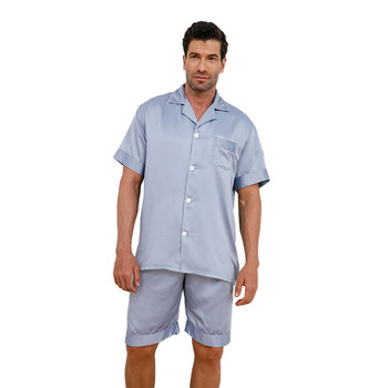 Лятна нова мъжка пижама Риза с къс ръкав Къси панталони Комплект от две части Тънко копринено сатенено спално облекло Пижама Костюм Свободно домашно облекло