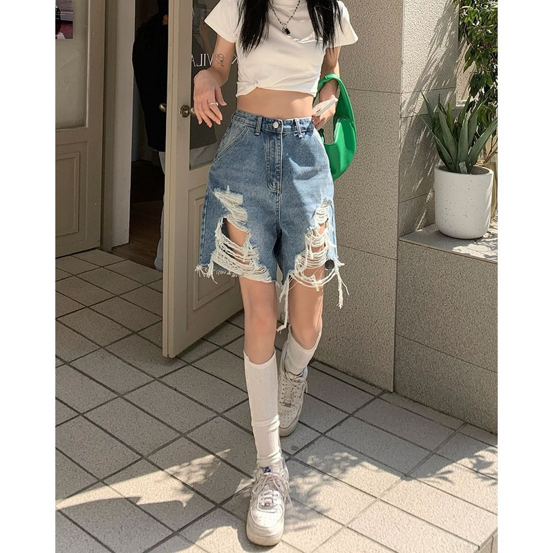 S-5Xl džinsu šorti sievietēm ar augstu vidukli ar caurumu Džinsi Šorti Vasaras ielas apģērbs Korejas vintage satrauktas platas īsas bikses Jauns