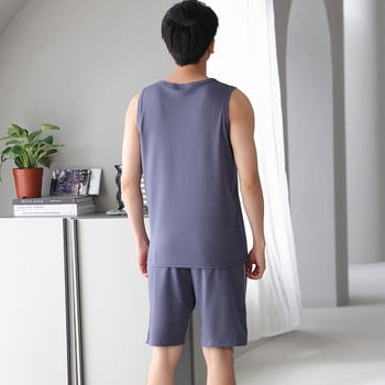 Нов комплект от плетени памучни мъжки пижами Летни спални дрехи без ръкави Голям размер M-4XL Костюми за свободното време Мъжки пижами