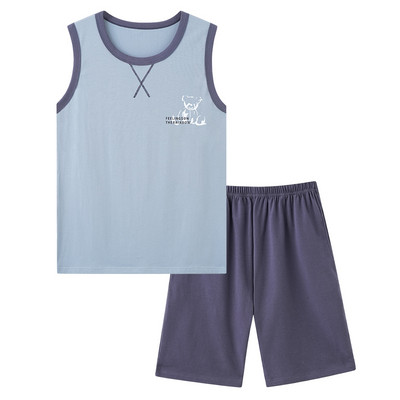 Új kötött pamut férfi pizsama szett nyári ujjatlan hálóruha nagy M-4XL szabadidő öltönyök hálóruha férfi pizsama