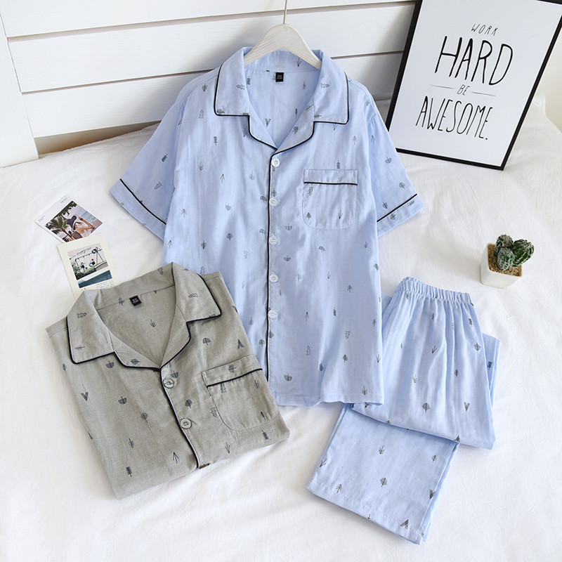 Nova muška pidžama, dvodijelna, proljeće i ljeto, 100% pamuk gaza, hlače kratkih rukava, tanke ležerne kućne odjeće, navlake, muške pidžame