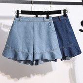 S-5XL Női Kék farmer rövidnadrág Nyári elegáns hullámos szélű fodros magas derekú rövid farmer Oversize alkalmi laza női rövidnadrág meleg nadrág