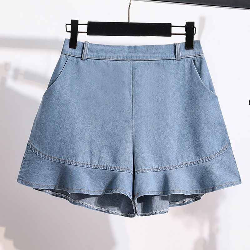 S-5XL Női Kék farmer rövidnadrág Nyári elegáns hullámos szélű fodros magas derekú rövid farmer Oversize alkalmi laza női rövidnadrág meleg nadrág