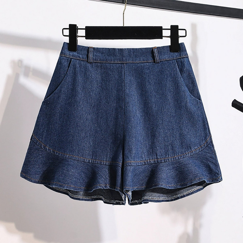 S-5XL Női Kék farmer rövidnadrág Nyári elegáns hullámos szélű fodros magas derekú rövid farmer Oversize alkalmi laza női rövidnadrág meleg nadrág