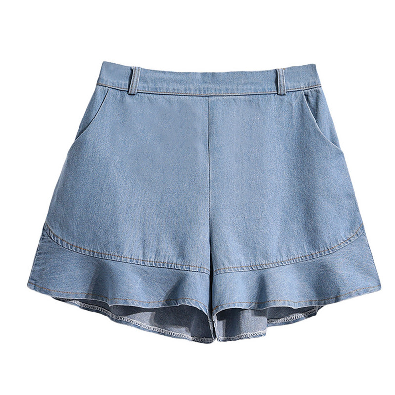 S-5XL Női Kék farmer rövidnadrág Nyári elegáns hullámos szélű fodros magas derekú rövid farmer Oversize alkalmi laza női rövidnadrág meleg nadrág