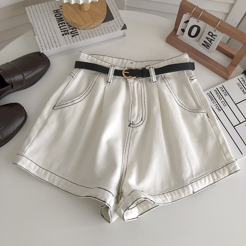 Sievietes džinsu šorti ar jostu 2023. gada vasaras liela izmēra džinsi Īsi ielas apģērbi Mujer Femme A līnijas īsās bikses zilas baltas S-5XL