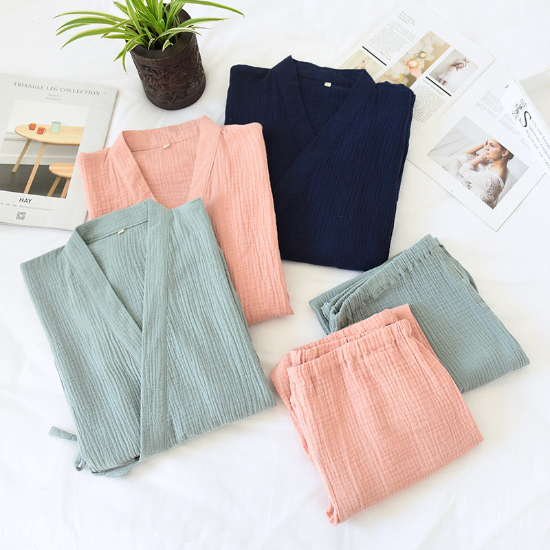 Japán kimonó pizsama, V-nyakú, hosszú ujjú, női pizsama, 2 részes, őszi duplarétegű géz hálóruha, 100% pamut hálófedők