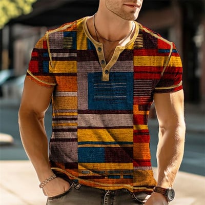 Nyári színes blokk Vintage Henley ingek Patchwork 3D nyomtatással Férfi Alkalmi Gombos Rövid ujjú póló Férfi Pólók Felsők Ruházat