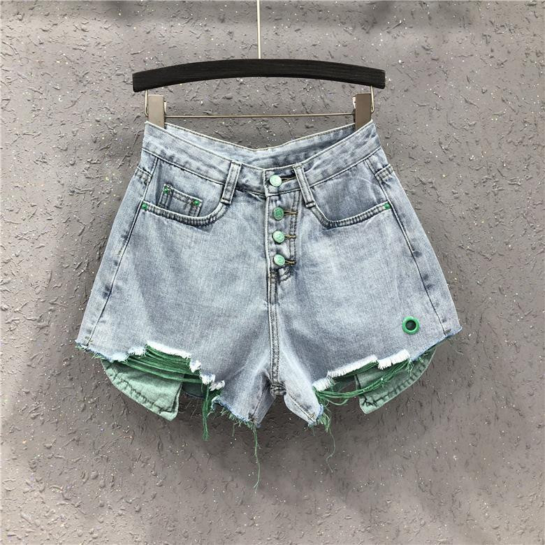 2022. gada vasaras jauns liela izmēra ar augstu vidukli brīvs kontrasts, saplēsti džinsa šorti sieviešu karstās bikses Plašas bikses Ikdienišķas