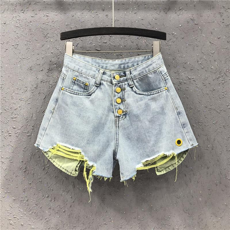 2022. gada vasaras jauns liela izmēra ar augstu vidukli brīvs kontrasts, saplēsti džinsa šorti sieviešu karstās bikses Plašas bikses Ikdienišķas