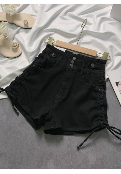 Sieviešu džinsu šorti, pogas ar augstu vidukli, savilkšanas aukliņas, cietas, šauras, īsas bikses vasaras sievietēm, ikdienas karstas bikses S-3XL