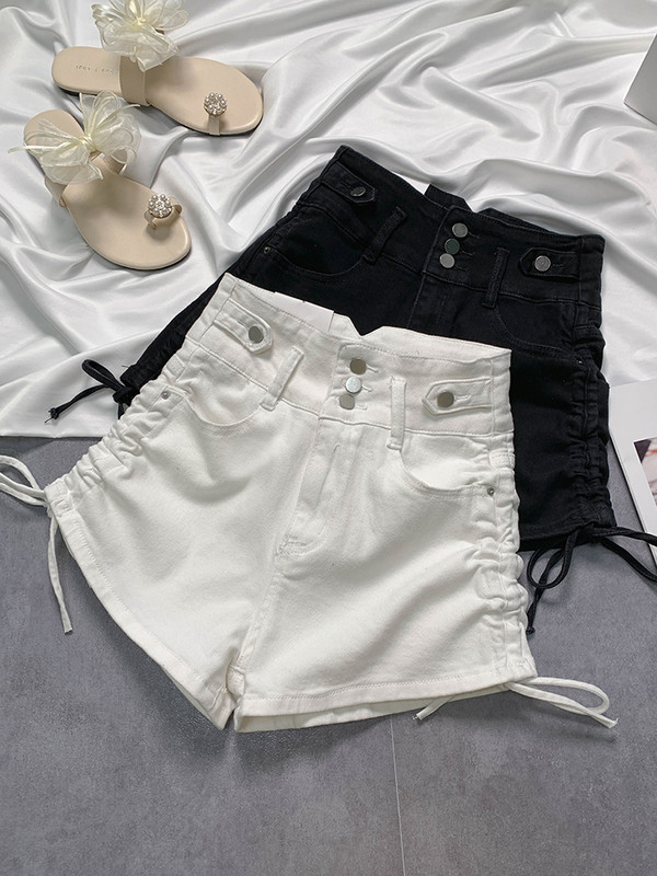 Sieviešu džinsu šorti, pogas ar augstu vidukli, savilkšanas aukliņas, cietas, šauras, īsas bikses vasaras sievietēm, ikdienas karstas bikses S-3XL