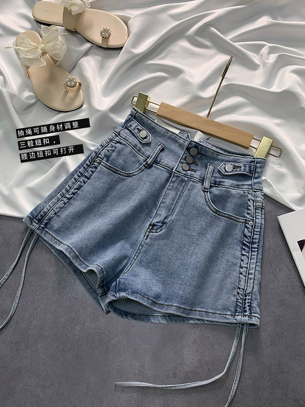 Sieviešu džinsu šorti, pogas ar augstu vidukli, savilkšanas aukliņas, cietas, šauras, īsas bikses vasaras sievietēm, ikdienas karstas bikses S-3XL