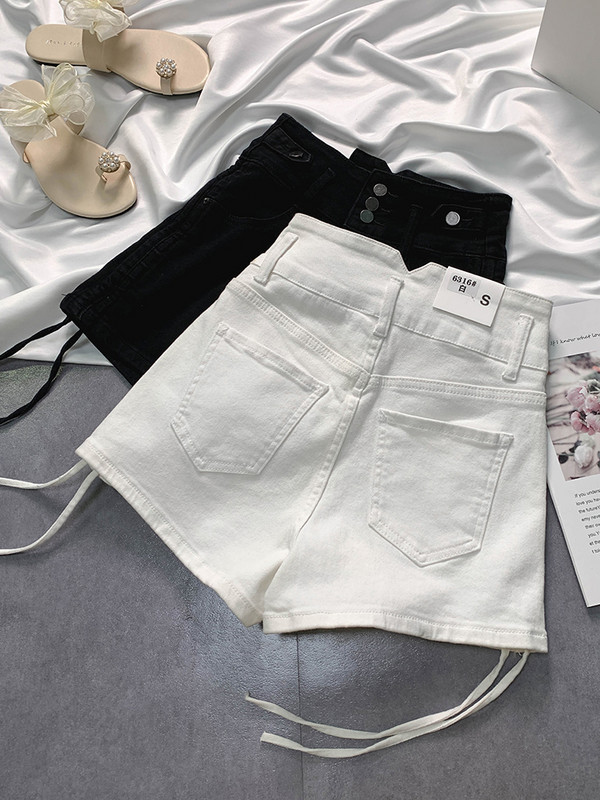 Sieviešu džinsu šorti, pogas ar augstu vidukli, savilkšanas aukliņas, cietas, šauras, īsas bikses vasaras sievietēm, ikdienas karstas bikses S-3XL