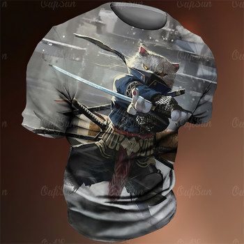 Japan Samurai Cat Graphic T Shirts Cool Classic Art Style Мъжки и дамски тениски с щампи Модни свободни горнища с О-образно деколте и къси ръкави