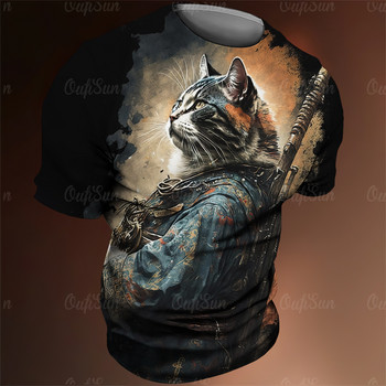 Japan Samurai Cat Graphic T Shirts Cool Classic Art Style Мъжки и дамски тениски с щампи Модни свободни горнища с О-образно деколте и къси ръкави