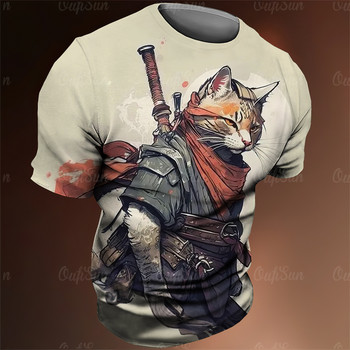 Japan Samurai Cat Graphic T Shirts Cool Classic Art Style Мъжки и дамски тениски с щампи Модни свободни горнища с О-образно деколте и къси ръкави