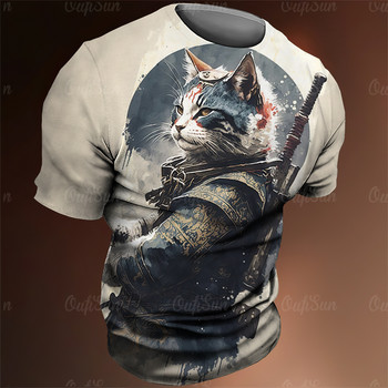 Japan Samurai Cat Graphic T Shirts Cool Classic Art Style Мъжки и дамски тениски с щампи Модни свободни горнища с О-образно деколте и къси ръкави