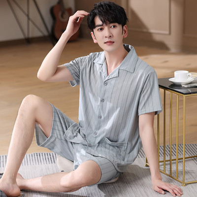 Férfi hálóruha öltöny nyári nagyvonalú szabadidő rövid ujjú pizsama kockás mintás otthoni ruha férfi nagy udvarok XXXL pamut pizsama Hombre