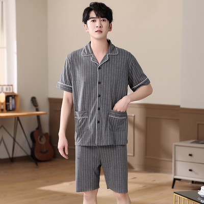 Férfi hálóruha öltöny nyári nagyvonalú szabadidő rövid ujjú pizsama kockás mintás otthoni ruha férfi nagy udvarok XXXL pamut pizsama Hombre