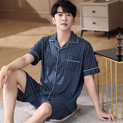 Férfi hálóruha öltöny nyári nagyvonalú szabadidő rövid ujjú pizsama kockás mintás otthoni ruha férfi nagy udvarok XXXL pamut pizsama Hombre