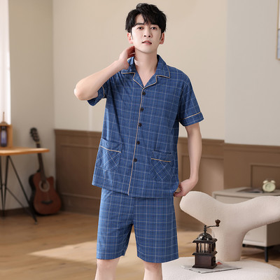 Férfi hálóruha öltöny nyári nagyvonalú szabadidő rövid ujjú pizsama kockás mintás otthoni ruha férfi nagy udvarok XXXL pamut pizsama Hombre