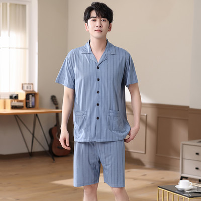 Férfi hálóruha öltöny nyári nagyvonalú szabadidő rövid ujjú pizsama kockás mintás otthoni ruha férfi nagy udvarok XXXL pamut pizsama Hombre