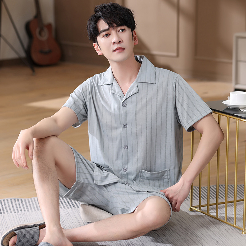 Férfi hálóruha öltöny nyári nagyvonalú szabadidő rövid ujjú pizsama kockás mintás otthoni ruha férfi nagy udvarok XXXL pamut pizsama Hombre