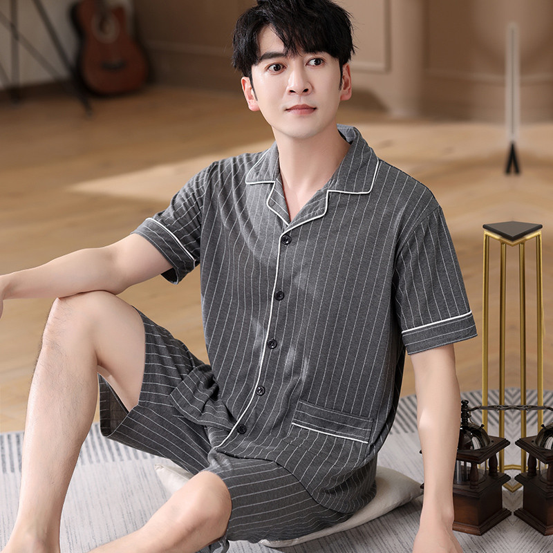 Férfi hálóruha öltöny nyári nagyvonalú szabadidő rövid ujjú pizsama kockás mintás otthoni ruha férfi nagy udvarok XXXL pamut pizsama Hombre