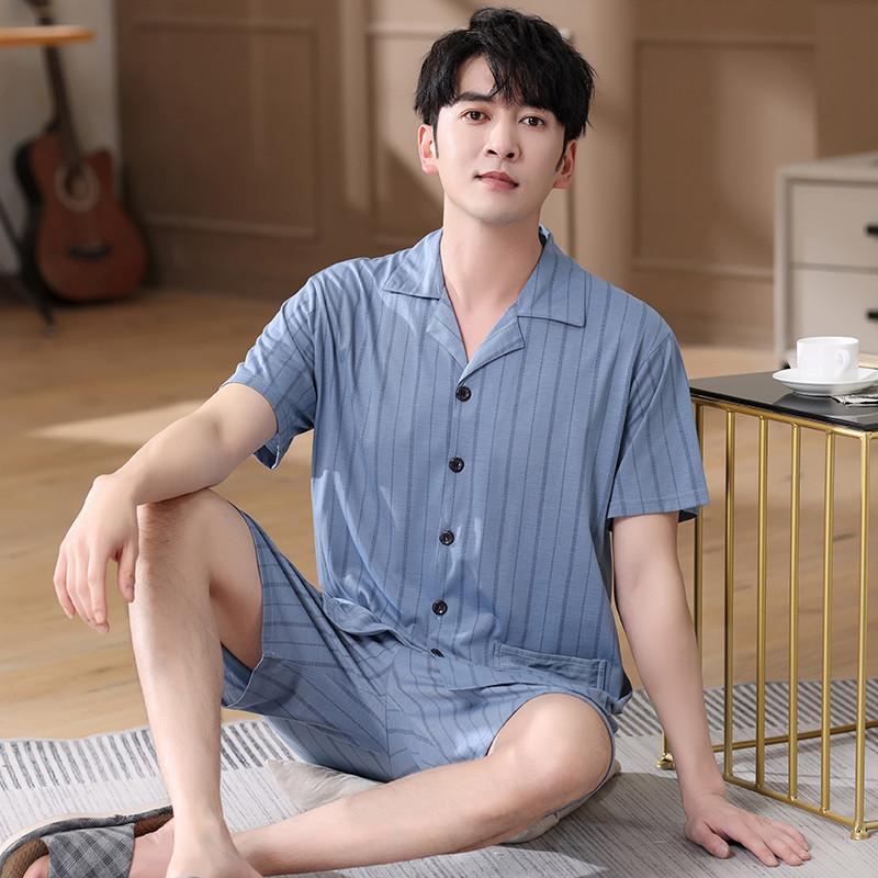 Férfi hálóruha öltöny nyári nagyvonalú szabadidő rövid ujjú pizsama kockás mintás otthoni ruha férfi nagy udvarok XXXL pamut pizsama Hombre
