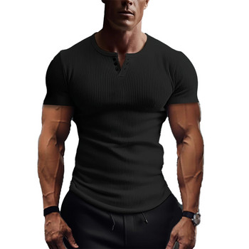 Тениски Топове Риза с кръгло деколте С къс ръкав Сив Мъжки мускулест полиестерен пуловер Оребрен плътен летен активен облекло