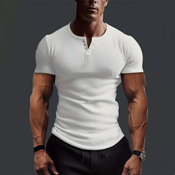 Тениски Топове Риза с кръгло деколте С къс ръкав Сив Мъжки мускулест полиестерен пуловер Оребрен плътен летен активен облекло