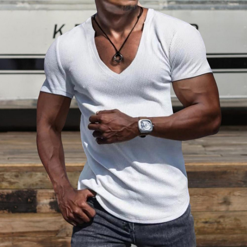 Vīriešu krekls ar V veida kakla izgriezumu vienkrāsains, elpojošs, sviedru absorbcijas līdzeklis, ātri nožūst vasaras vīriešu sporta T-kreklu džemperis vīriešiem
