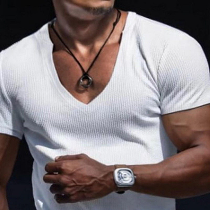 Vīriešu krekls ar V veida kakla izgriezumu vienkrāsains, elpojošs, sviedru absorbcijas līdzeklis, ātri nožūst vasaras vīriešu sporta T-kreklu džemperis vīriešiem