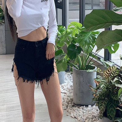 2022 nyár új női szexi lánc fém magas derekú rövidnadrág farmer farmer Lyukas bojt dizájn rövid feminino S-XL