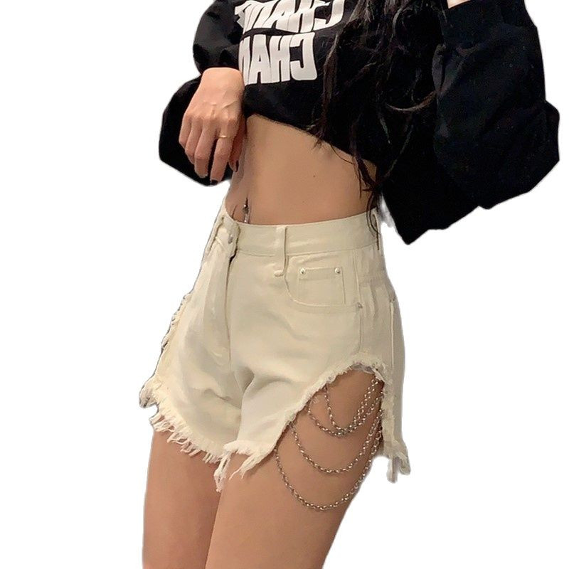2022 nyár új női szexi lánc fém magas derekú rövidnadrág farmer farmer Lyukas bojt dizájn rövid feminino S-XL