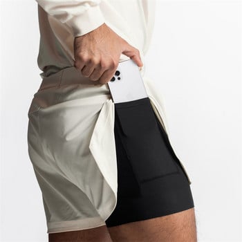 Нови летни мъжки къси панталони 2-в-1 Двуслойни къси панталони Бързосъхнещи дишащи еластични фитнес панталони Jogger Gym Running Shorts