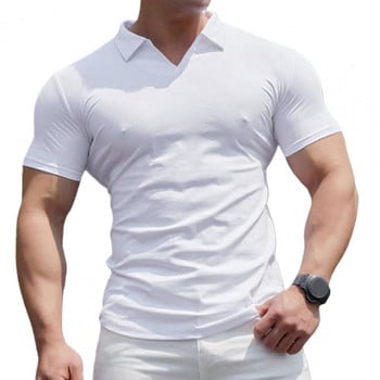 Мъжка тениска Едноцветен пуловер с V-образно деколте Slim Fit Young Style Летни горнища с къси ръкави Тениски Лято 2024