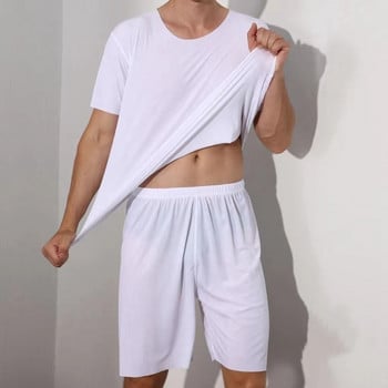 Мъжки ледени копринени пижами от две части Мъжки летни тънки модални комплекти с къси ръкави от домашно облекло Мъжки дишащи къси големи размери