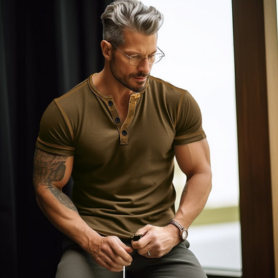 Vīriešu vasaras Boutique elpojošs sviedru absorbcijas poga ar īsām piedurknēm vīriešu modes tendence ikdienas komforta ātri nožūstošs T-krekls