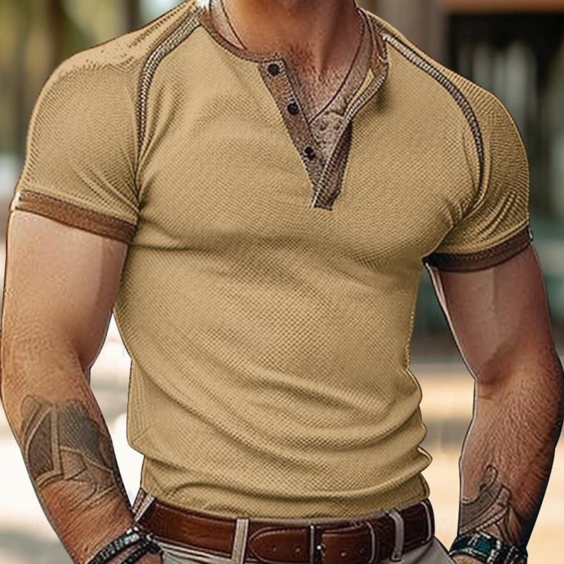 Vīriešu vasaras Boutique elpojošs sviedru absorbcijas poga ar īsām piedurknēm vīriešu modes tendence ikdienas komforta ātri nožūstošs T-krekls