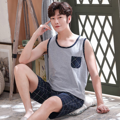 Naujausias vyriškas pižamos rinkinys Vasarinės liemenės pižamos rinkinys Pijama Hombre be rankovių O formos kaklo laisvalaikio vyriški miegui skirti drabužiai namų drabužiams
