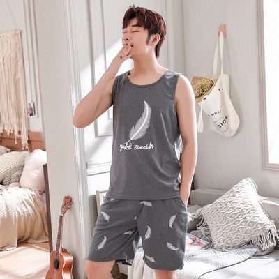 Naujausias vyriškas pižamos rinkinys Vasarinės liemenės pižamos rinkinys Pijama Hombre be rankovių O formos kaklo laisvalaikio vyriški miegui skirti drabužiai namų drabužiams